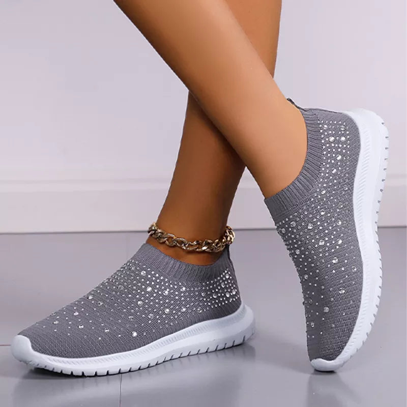 Womens Rhinestone Knit Slip-on Walking Shoes