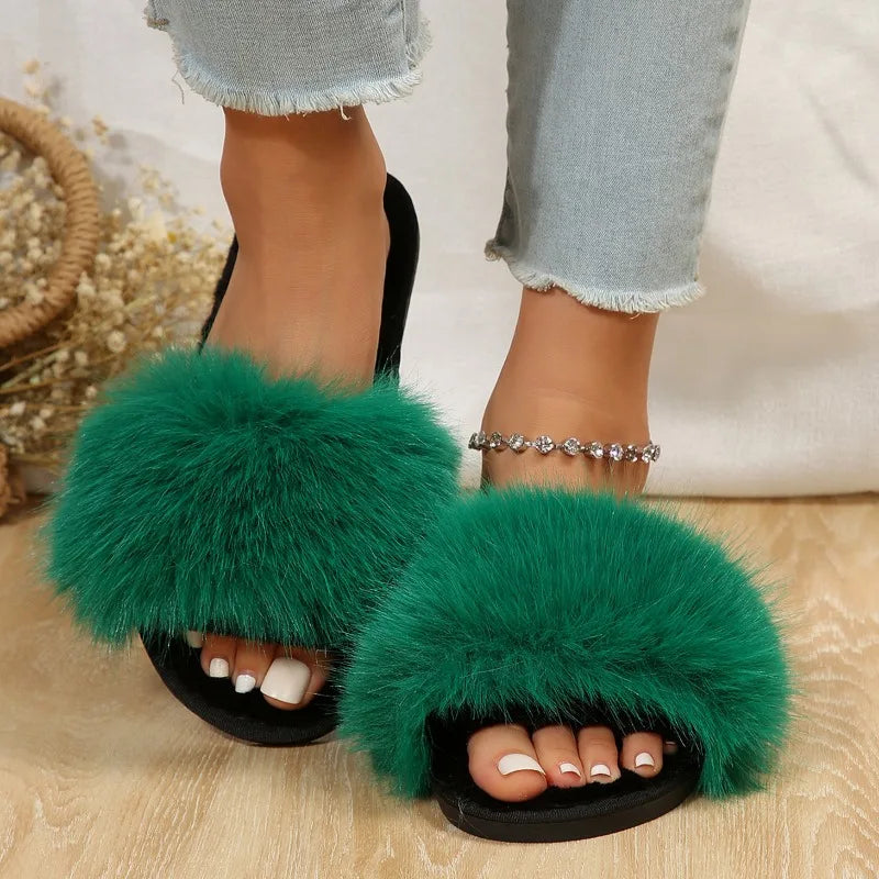 Cozy Green Faux Fur Slide Slippers on Luulla