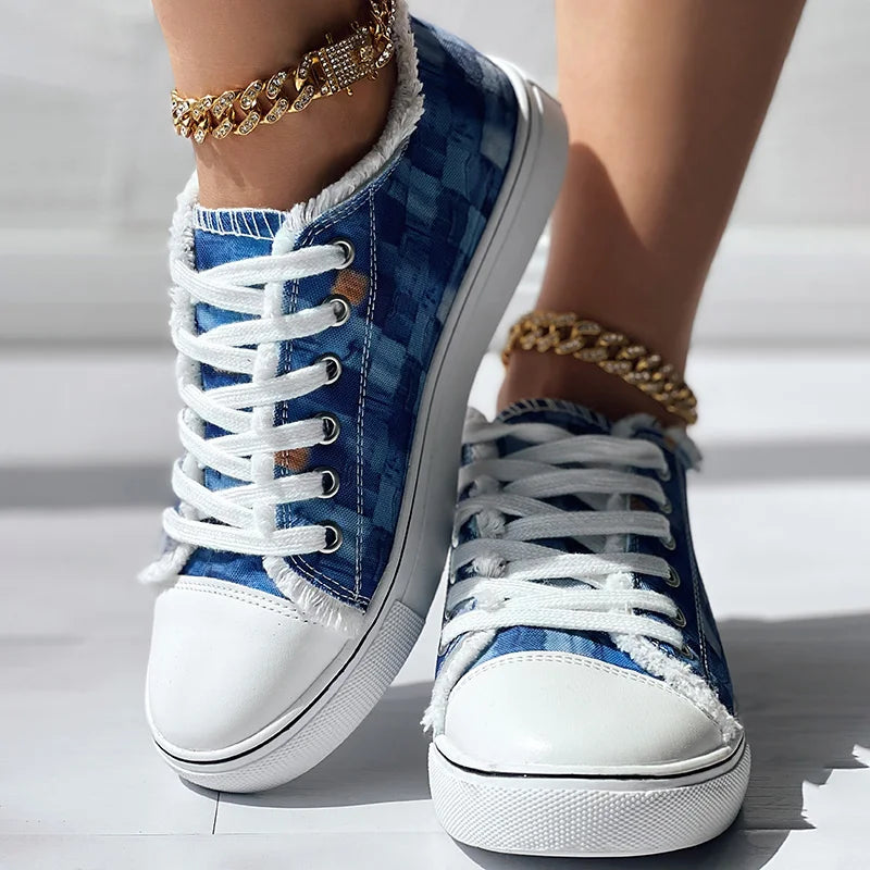Womens Casual Plaid Denim Lace-up Sneakers on Luulla