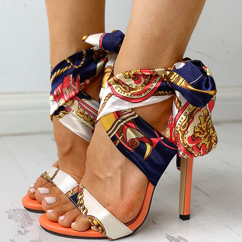 Elegant Satin Scarf Wrap High Heel Sandals