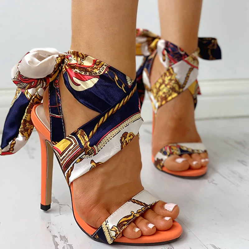 Elegant Satin Scarf Wrap High Heel Sandals
