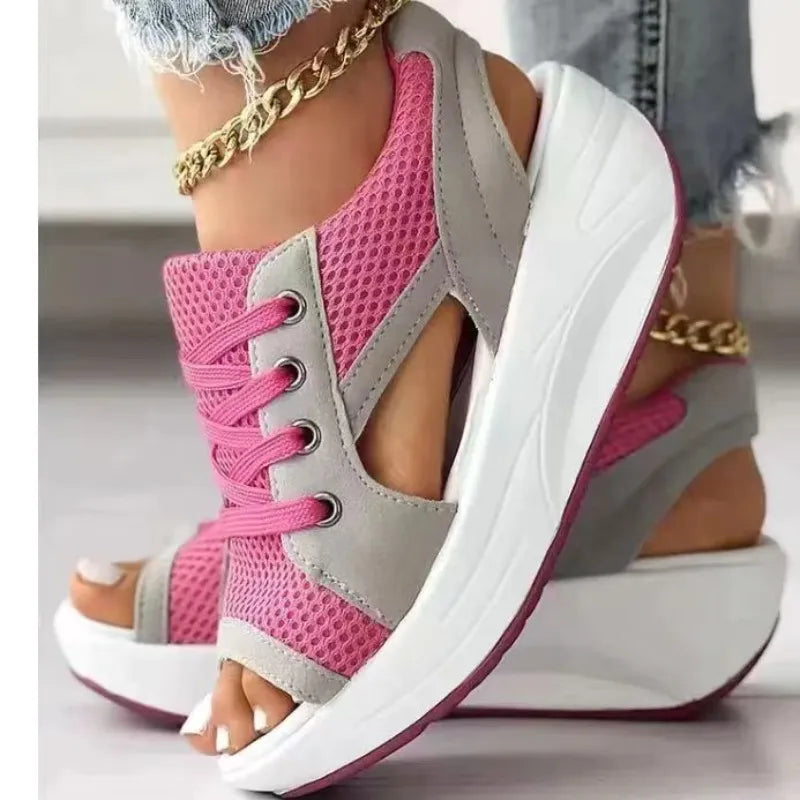 Womens Pink Mesh Lace up Platform Sandals on Luulla