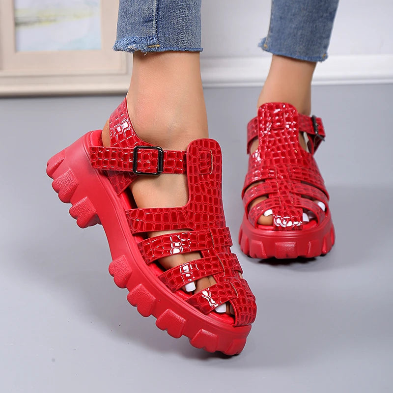 Womens Red Buckle Strap Chunky Platform Sandals on Luulla
