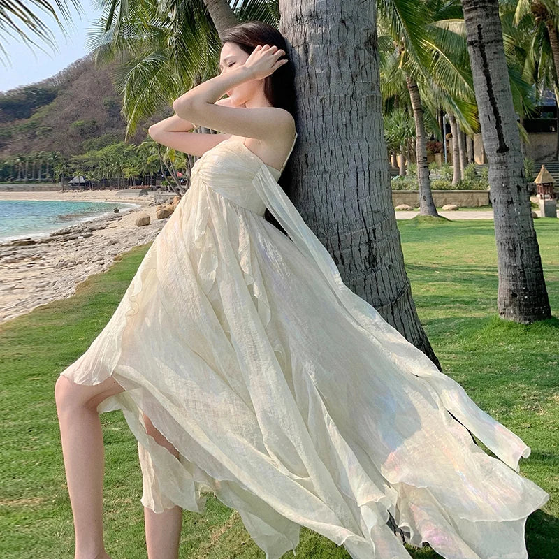Elegant Beige Beachfront Flowy Summer Maxi Dress on Luulla