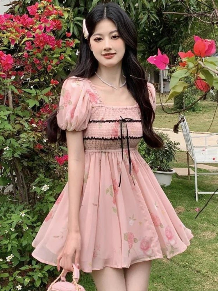 pink beauty bouquet puff sleeve mini dress Peony Bouquet Round Neck Micro Mini Dress  Pink