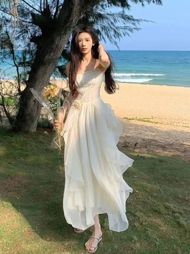 Elegant White Sleeveless Ruffle Maxi Beach Dress