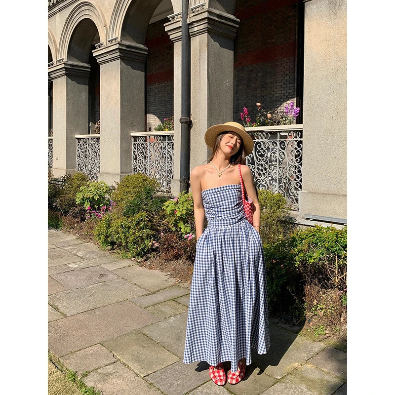 Blue Gingham Strapless Maxi Dress With Pockets on Luulla