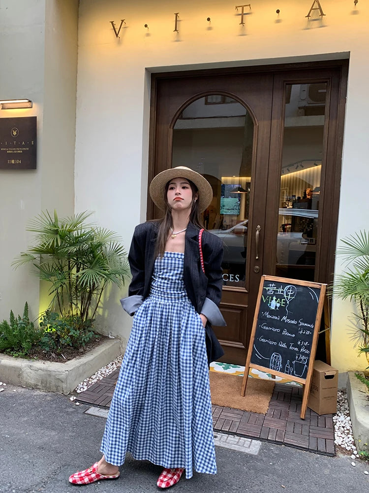 Blue Gingham Strapless Maxi Dress With Pockets on Luulla