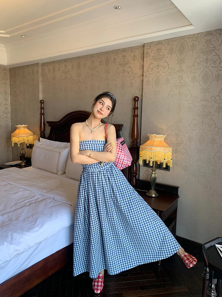 Blue Gingham Strapless Maxi Dress With Pockets on Luulla