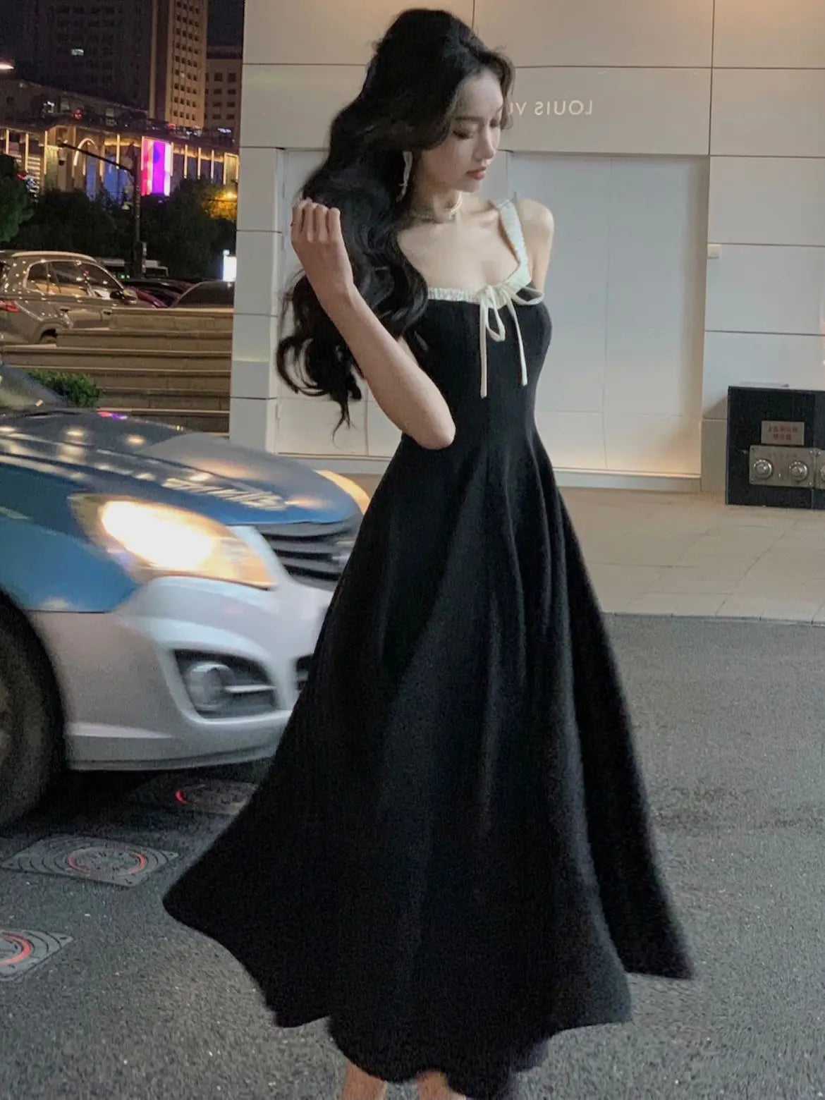 Elegant Black Dress With White Lace Trim on Luulla