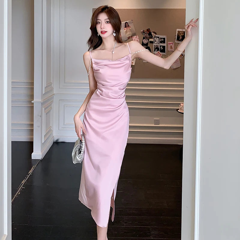 Elegant Pink Satin Midi Dress With Pearls on Luulla 