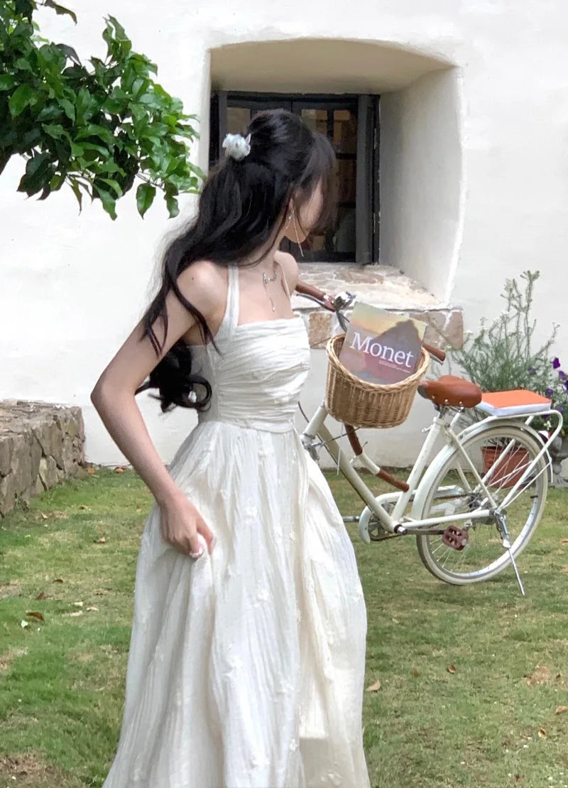 White summer dress women chic elegant square neck evening birthday party midi dress