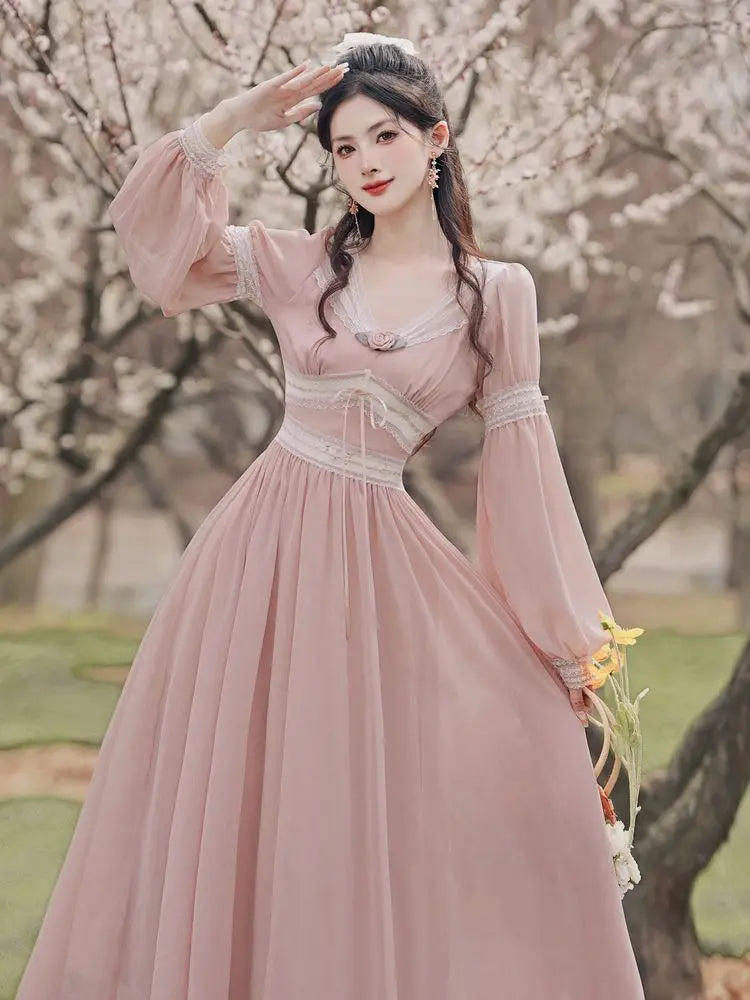 Elegant Flowing Pink Chiffon Long Sleeve Dress