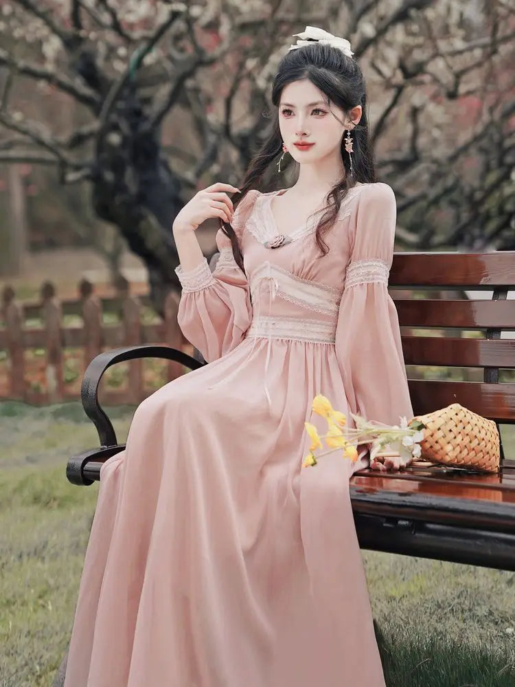 Elegant Flowing Pink Chiffon Long Sleeve Dress on Luulla
