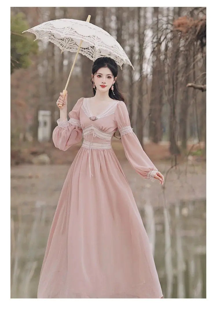 Elegant Flowing Pink Chiffon Long Sleeve Dress on Luulla