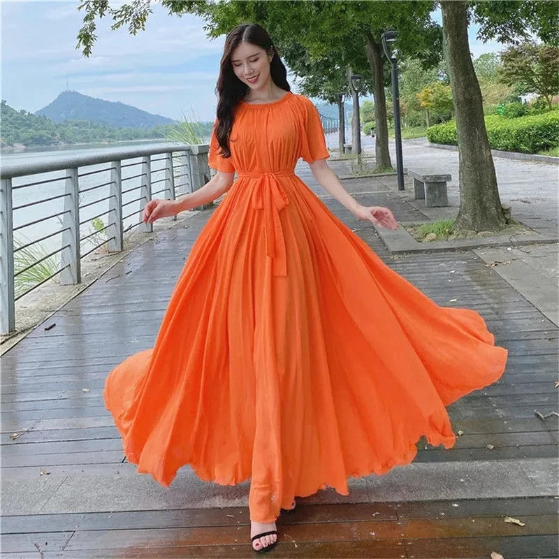 Heartwait Elegant Orange Maxi Dress for Summer Outings