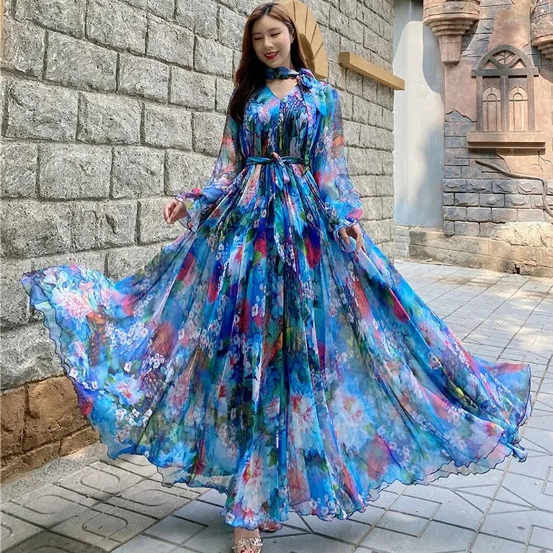 Floral chiffon maxi dress with sleeves sale