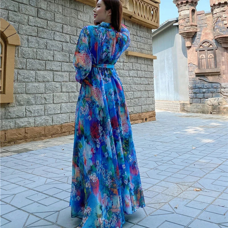 Elegant Floral Chiffon Maxi Dress With Sleeves on Luulla