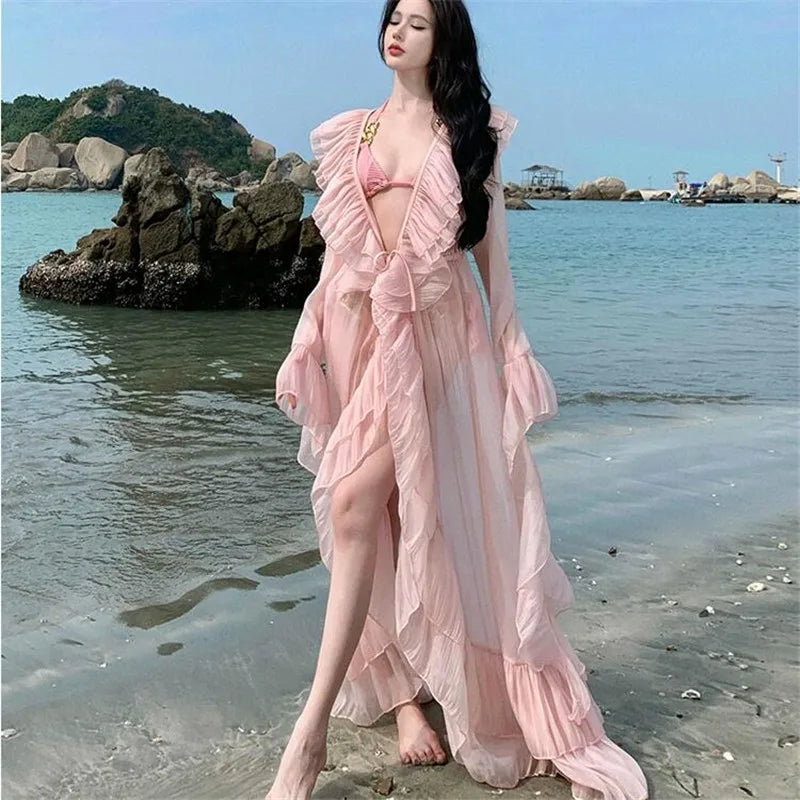 Elegant Pink Ruffled Beach Cover up Dress on Luulla