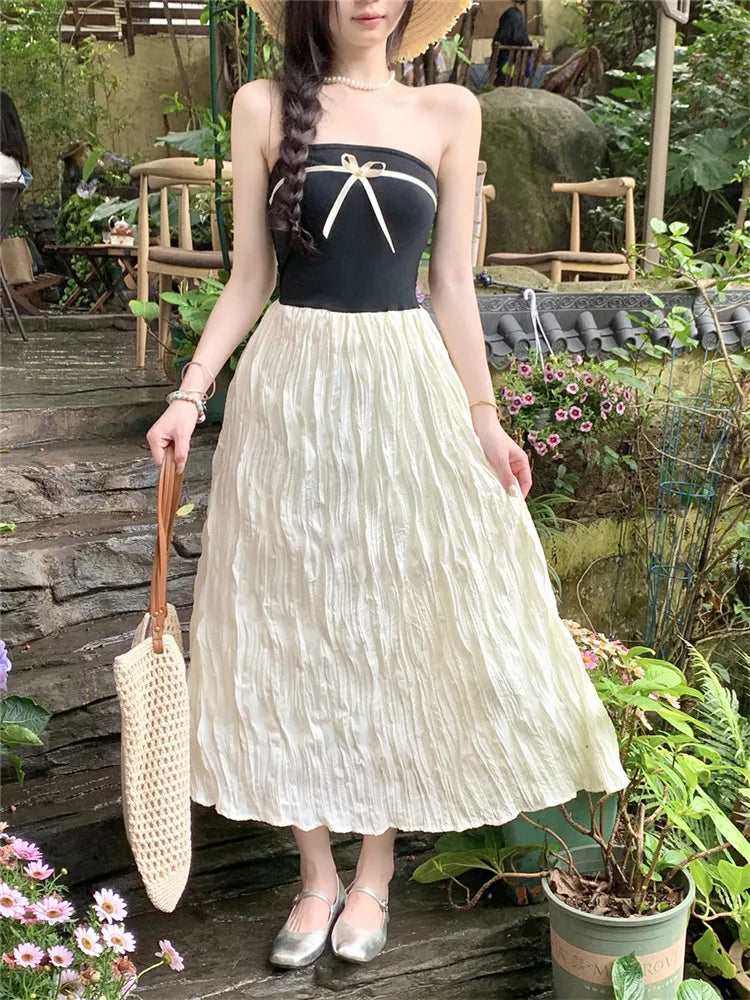 strapless open back dress Women's Pink Plaid Pleated Sport Dress