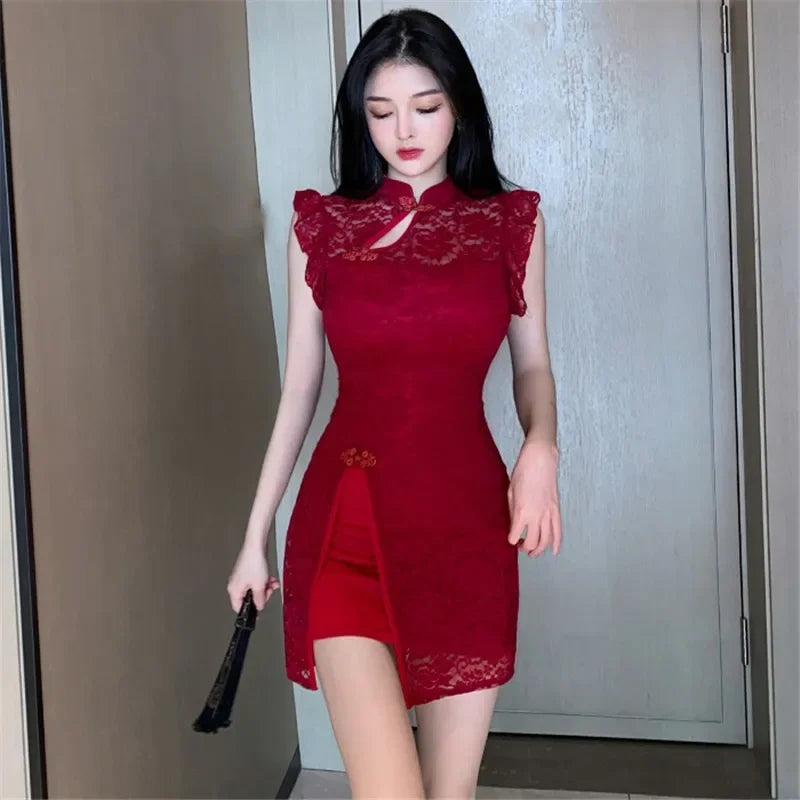 elegant mandarin collar dress Floral Embroidery Long Sleeve Mandarin Collar Oriental Evening Dress Burgundy / XS main image 0