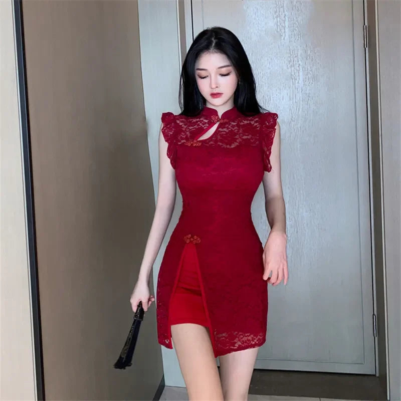 red dress with lace top Fitted Red lace mini dress XXS / 0 / Red main image 1
