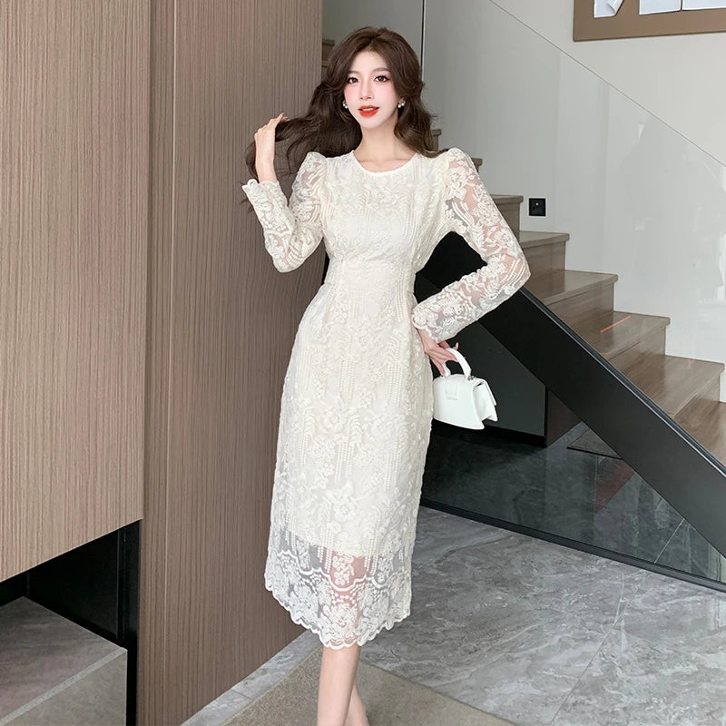 Elegant Long Sleeve Lace Evening Midi Dress on Luulla