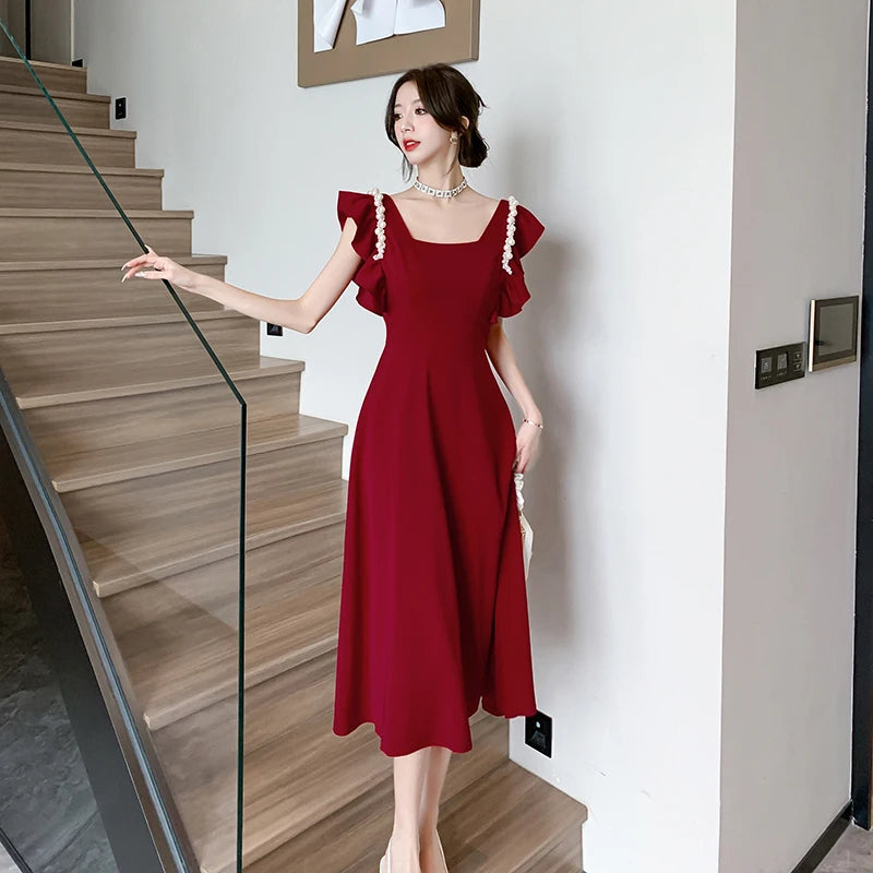 Elegant Red Midi Dress With Ruffle Sleeves