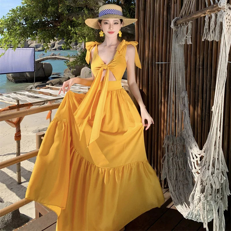 Yellow Summer Beach Vacation Maxi Dress