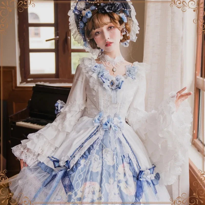 Elegant Victorian-Inspired Lace Lolita Dress Blue