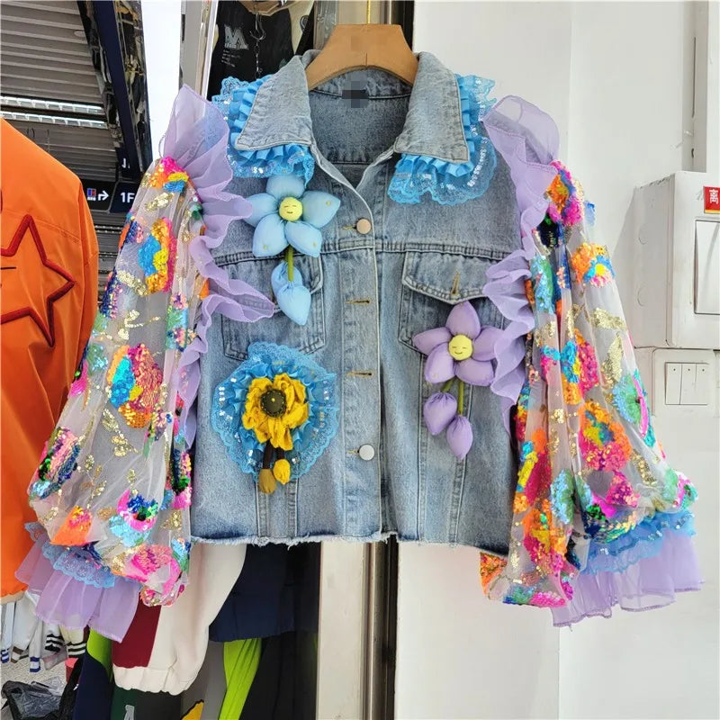 Denim Jacket With Colorful Floral Mesh Sleeves on Luulla