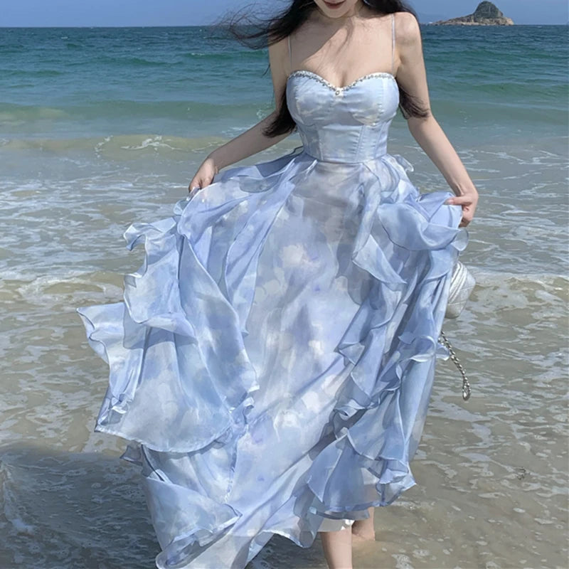 Elegant Blue Strapless Beach Maxi Dress