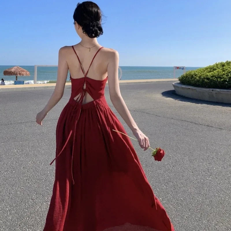 Elegant Backless Spaghetti Strap Red Maxi Dress