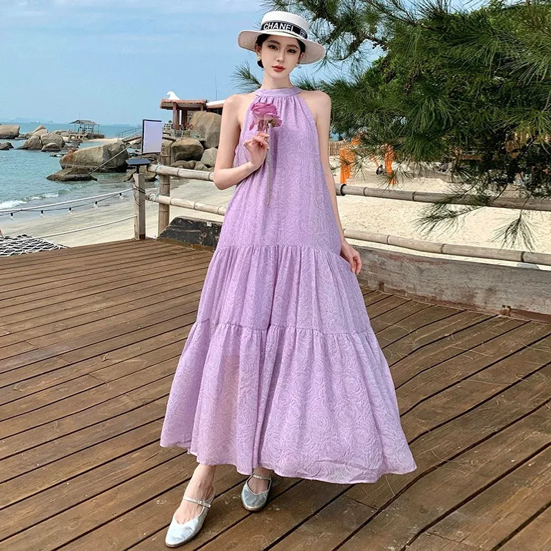 knee length dresses for ladies White And Lavender Floral Maxi Dress With Lace Back main image 1