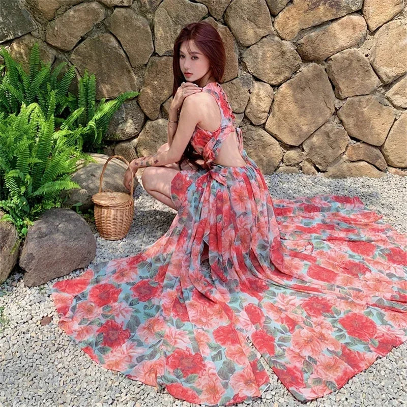 Floral Backless Maxi Dress Boho Beach Wear on Luulla