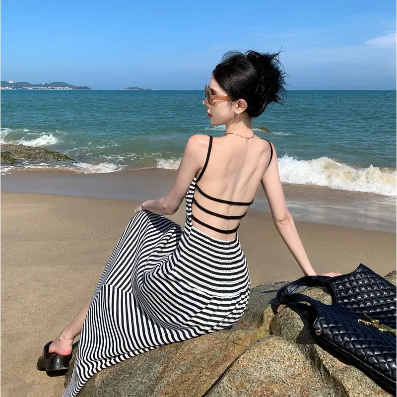 Striped Summer Maxi Dress with Open Back