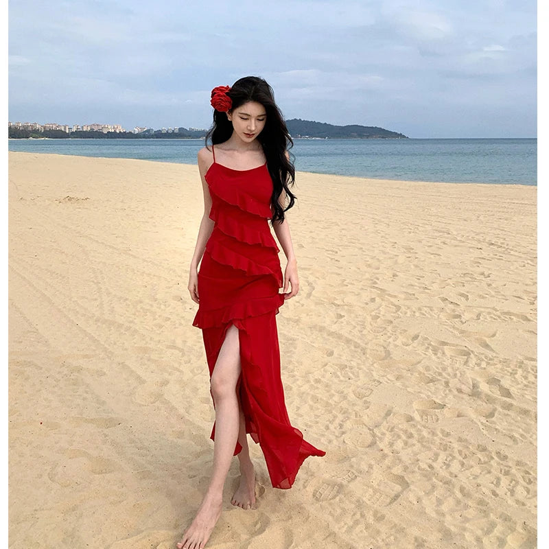 Heartwait Ruffled Red Beach Dress with Flower Accessory