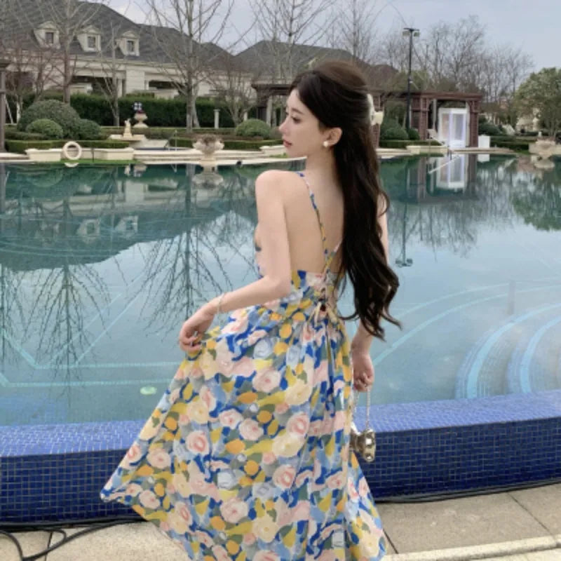 navy blue dress for baby girl Meichang Backless Cami Dresses for Women Casual Spaghetti Straps Maxi Dress  Backless Solid Sleeveless House Lounge Dress Summer Long Sundress with Back  Tie