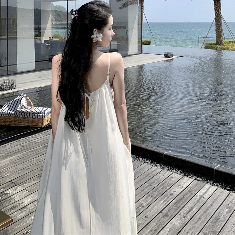 Elegant Backless White Beach Maxi Dress - Main Image