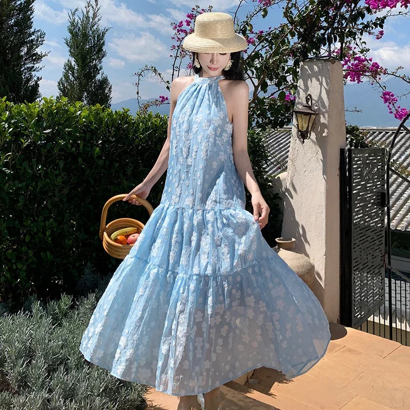 blue halter summer dress Powder-Blue Short Halter Casual Dress with Buttons Powder Blue Print / XLarge main image 0