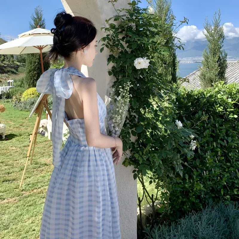 Stylish Blue Gingham Backless Maxi Dress on Luulla