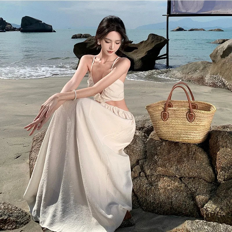 Summer Beach Maxi Dress And Straw Bag Set
