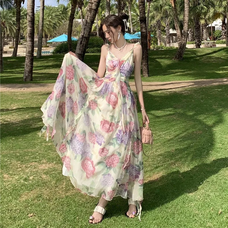 Floral Chiffon Sleeveless Summer Maxi Dress