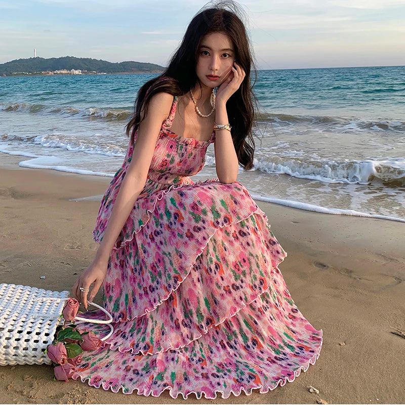 beautiful beach maxi dresses Bohemian Floral Print Long Dress Pink / S