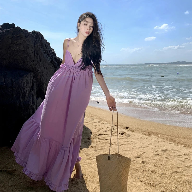 purple beach maxi dress Italian Summer Tie Neck Midi Dress Fuchsia main image 0