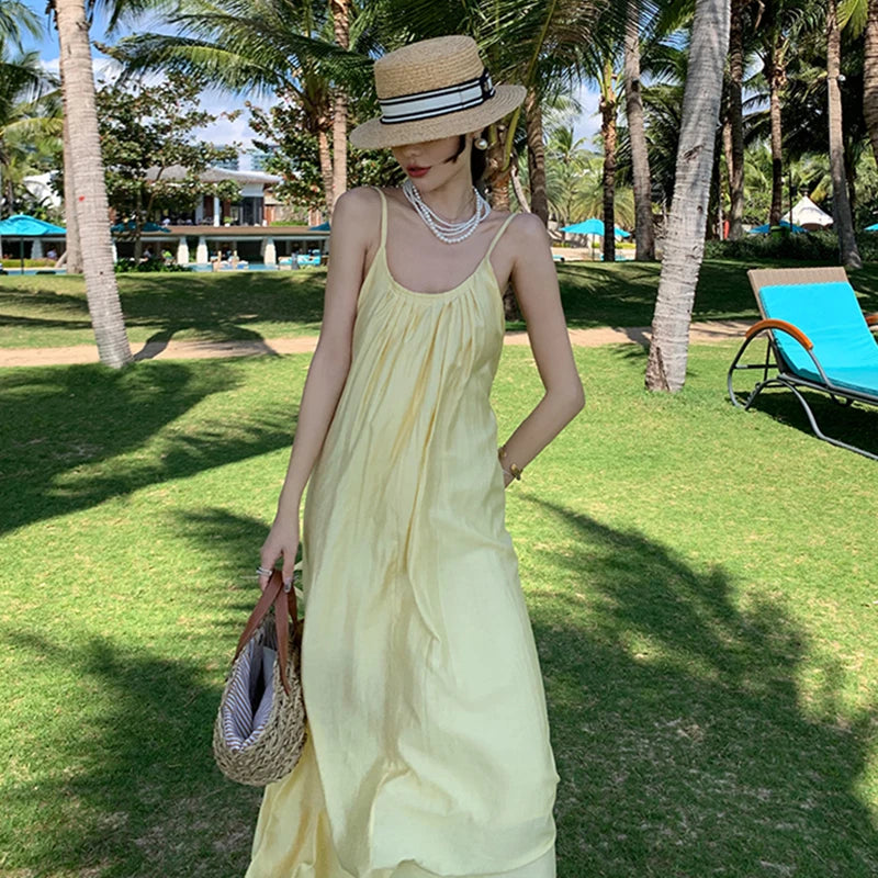 Summer Yellow Sleeveless Maxi Dress Beach Wear