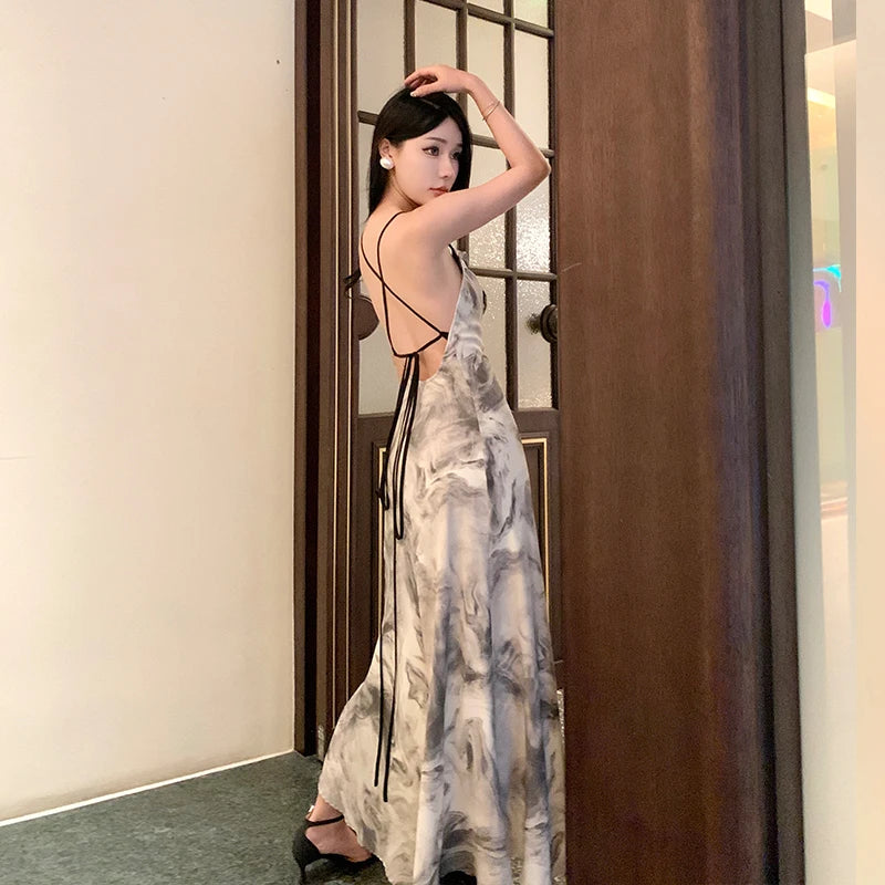 Elegant Marble Print Backless Halter Maxi Dress