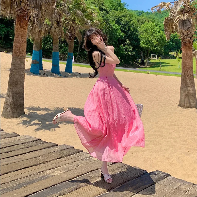 beach dresses for photos Coral Cascade Sheer Draped Pink Maxi Dress main image 1