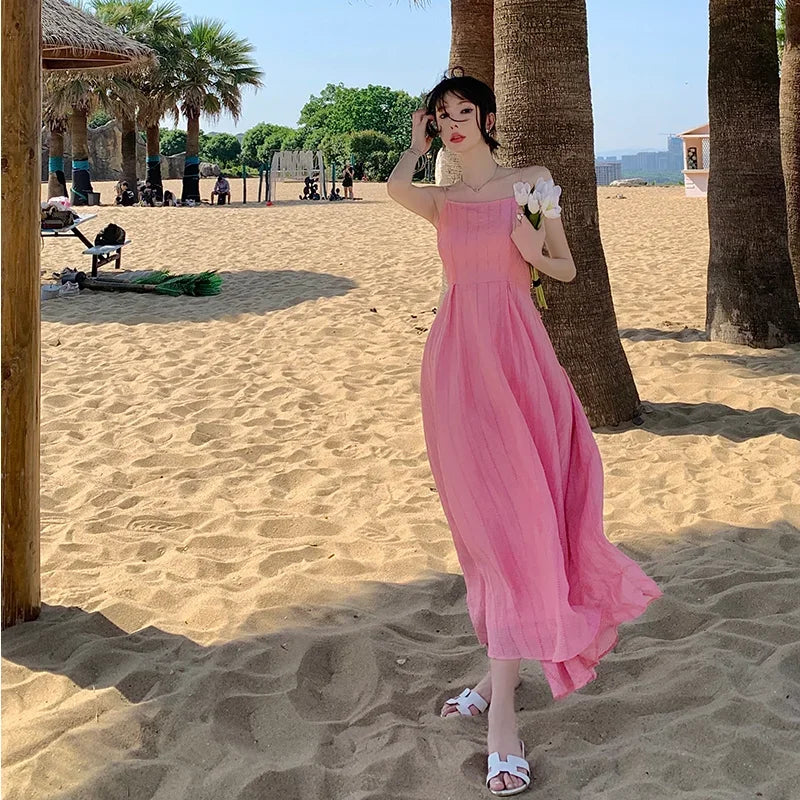 Pink Backless Summer Beach Maxi Dress on Luulla