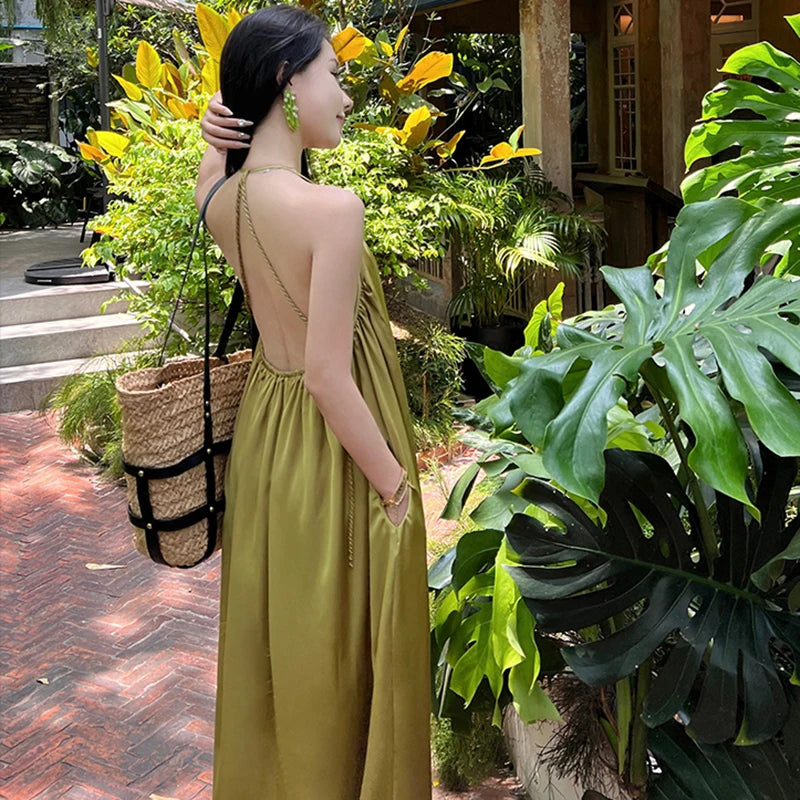 Backless Green Summer Maxi Dress For Women